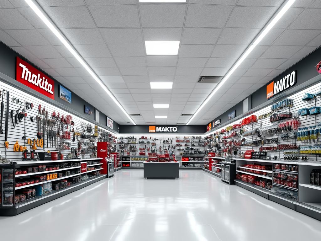 Interior de una tienda de herramientas bien iluminada con anaqueles llenos de productos y carteles de Makita.