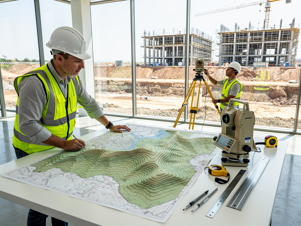 Ingenieros topógrafos con cascos y chalecos revisan plano topográfico con estación total en obra de construcción