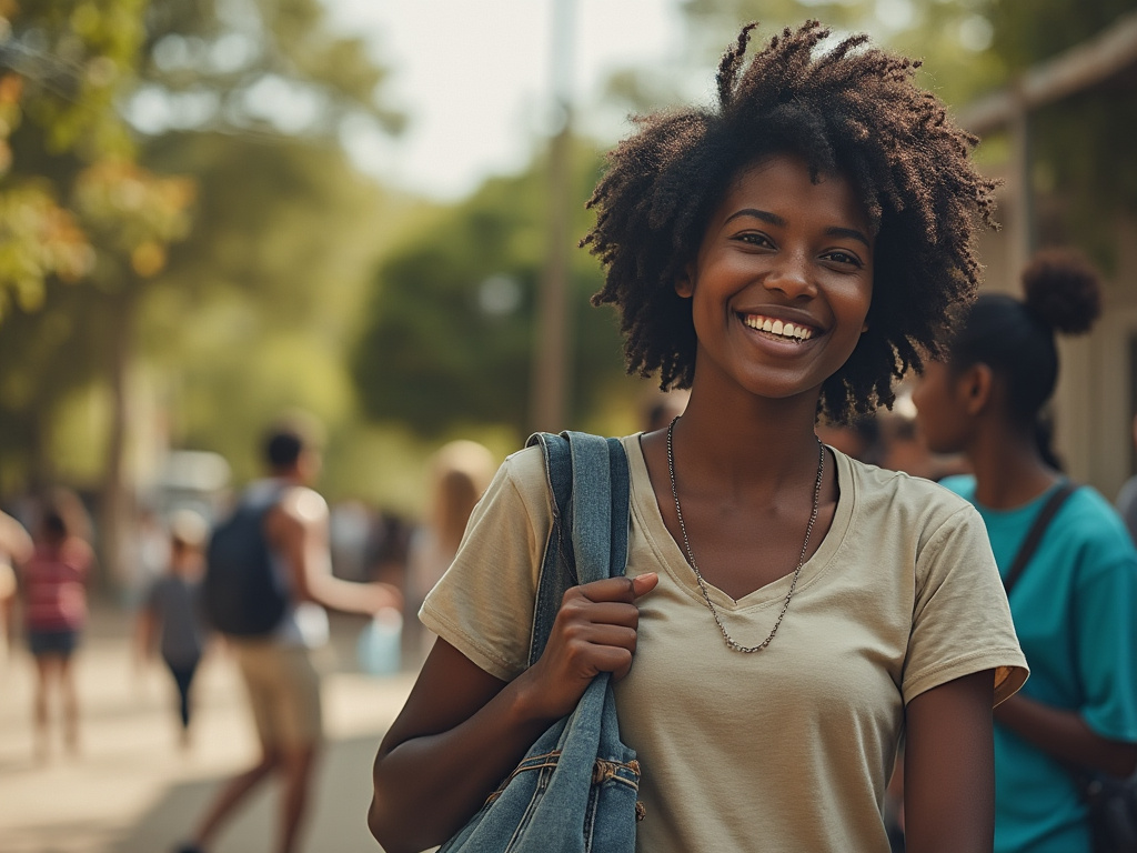 Smiling person with curly hair holding a bag, standing outdoors on a sunny day surrounded by people.