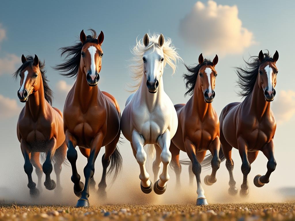 Cinco caballos corriendo al galope por un campo polvoriento, con un caballo blanco al centro bajo cielo azul