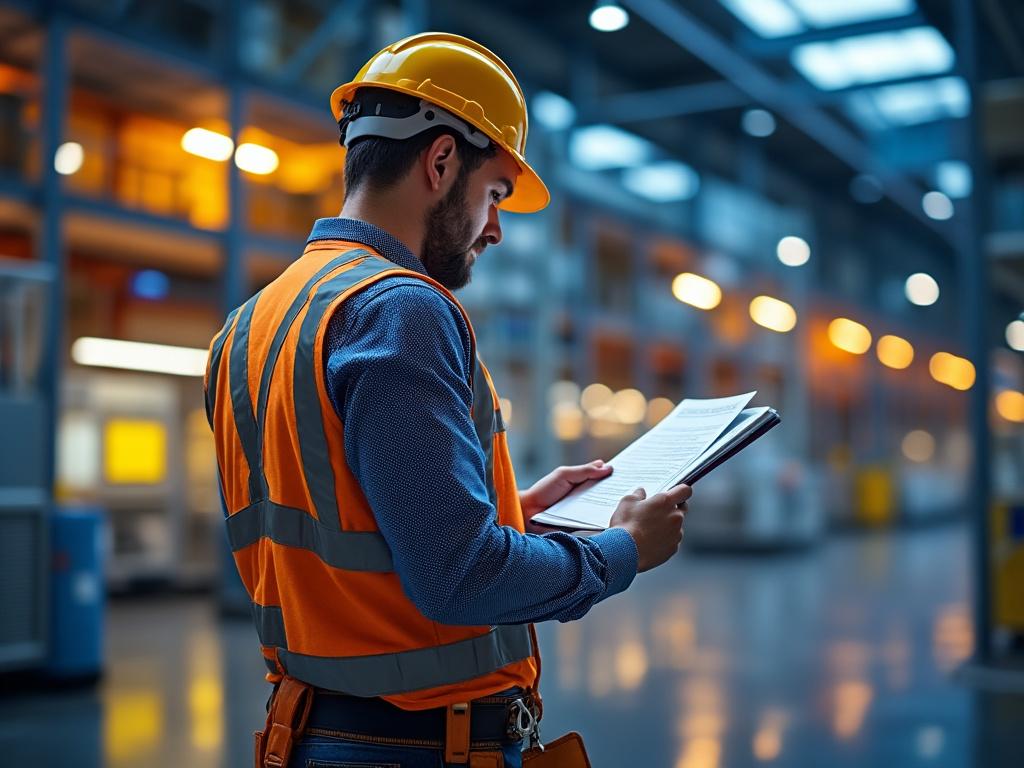 Trabajador industrial con casco y chaleco revisando documentos en una fábrica iluminada.