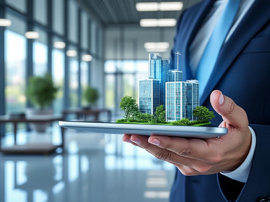 Hombre en traje sosteniendo una maqueta de edificios modernos y árboles en una oficina moderna.