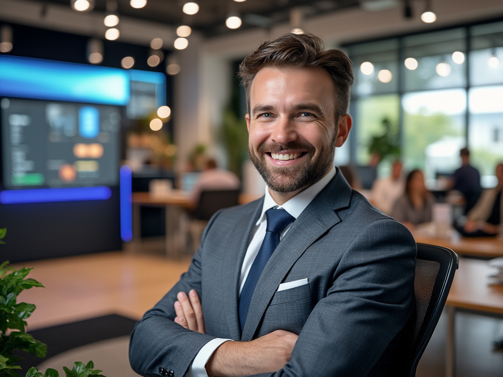 Smiling businessman in a suit with arms crossed, standing in a modern office setting with colleagues working in the background.
