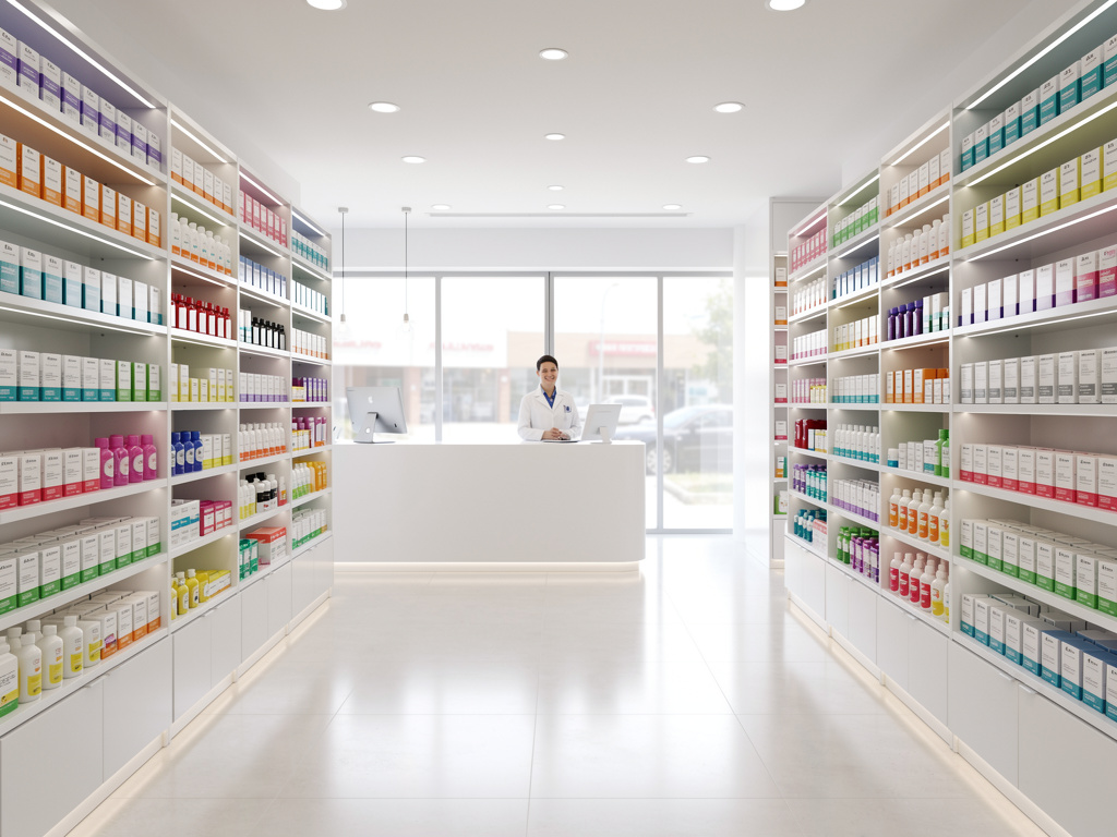 Farmacia moderna luminosa con estanterías llenas de medicamentos y farmacéutica en el mostrador