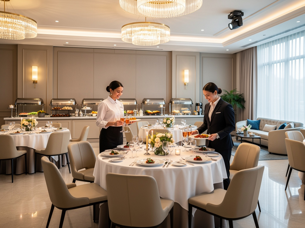 Salón de banquetes elegante con mesas decoradas, lámparas de cristal, bufé y personal sirviendo comida en evento de lujo
