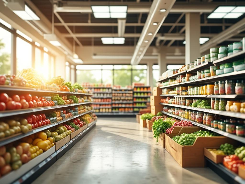 Pasillo de supermercado con estantes llenos de frutas y verduras frescas iluminadas por la luz del sol.