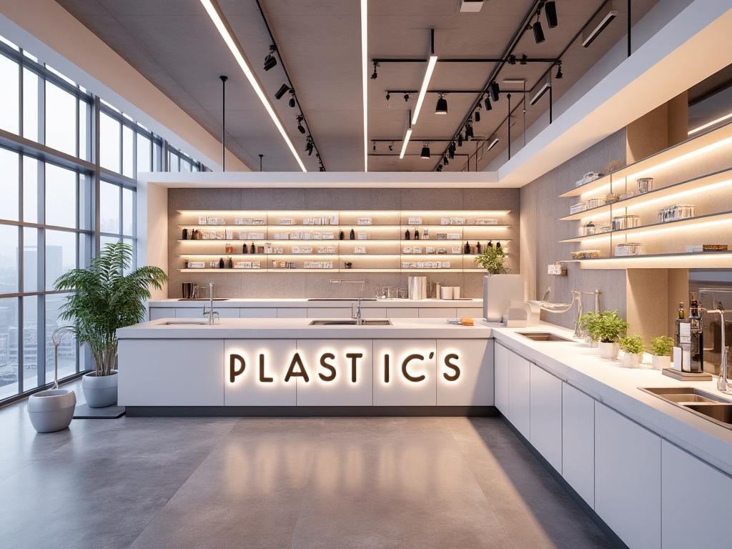 Cocina moderna y luminosa con estanterías abiertas, encimeras blancas y plantas decorativas, con vista a la ciudad desde ventanas panorámicas.