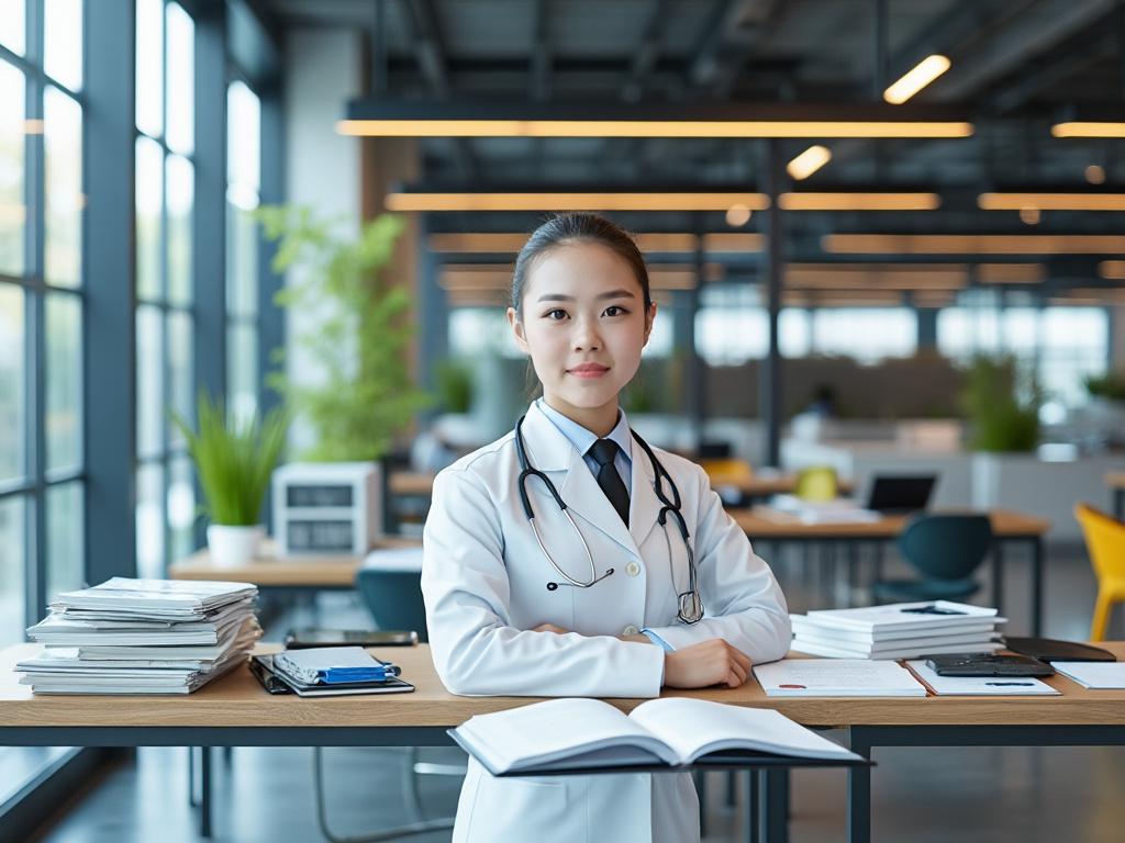 Médica joven con bata blanca y estetoscopio en oficina moderna, con pilas de documentos y cuaderno abierto.