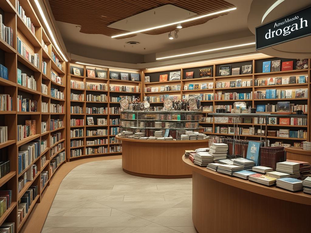 Librería moderna con estantes curvos llenos de libros y mostradores de madera, iluminación cálida.