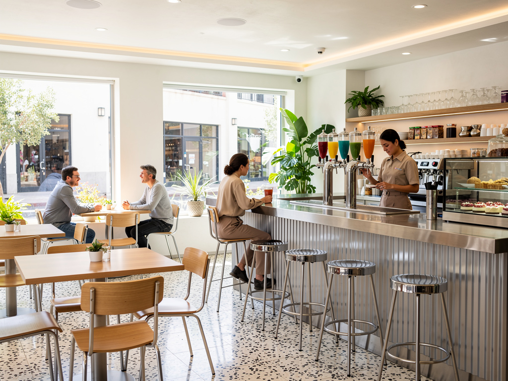 Cafetería moderna y luminosa con clientes, barra metálica, barista, dispensadores de bebidas y vitrinas de postres