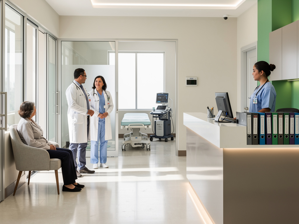 Recepción de clínica moderna con médicos, enfermera, paciente en espera y sala de consulta equipada Recepción de clínica moderna con médicos, enfermera, paciente en espera y sala de consulta equipada