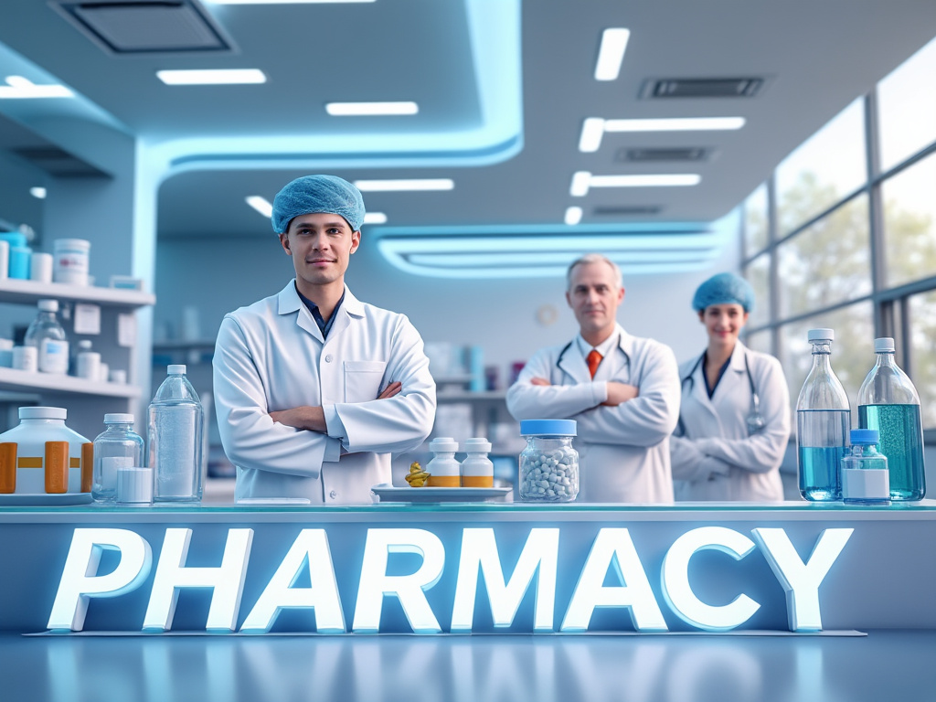 Grupo de farmacéuticos en una farmacia moderna, con frascos y botes de medicinas en el mostrador.