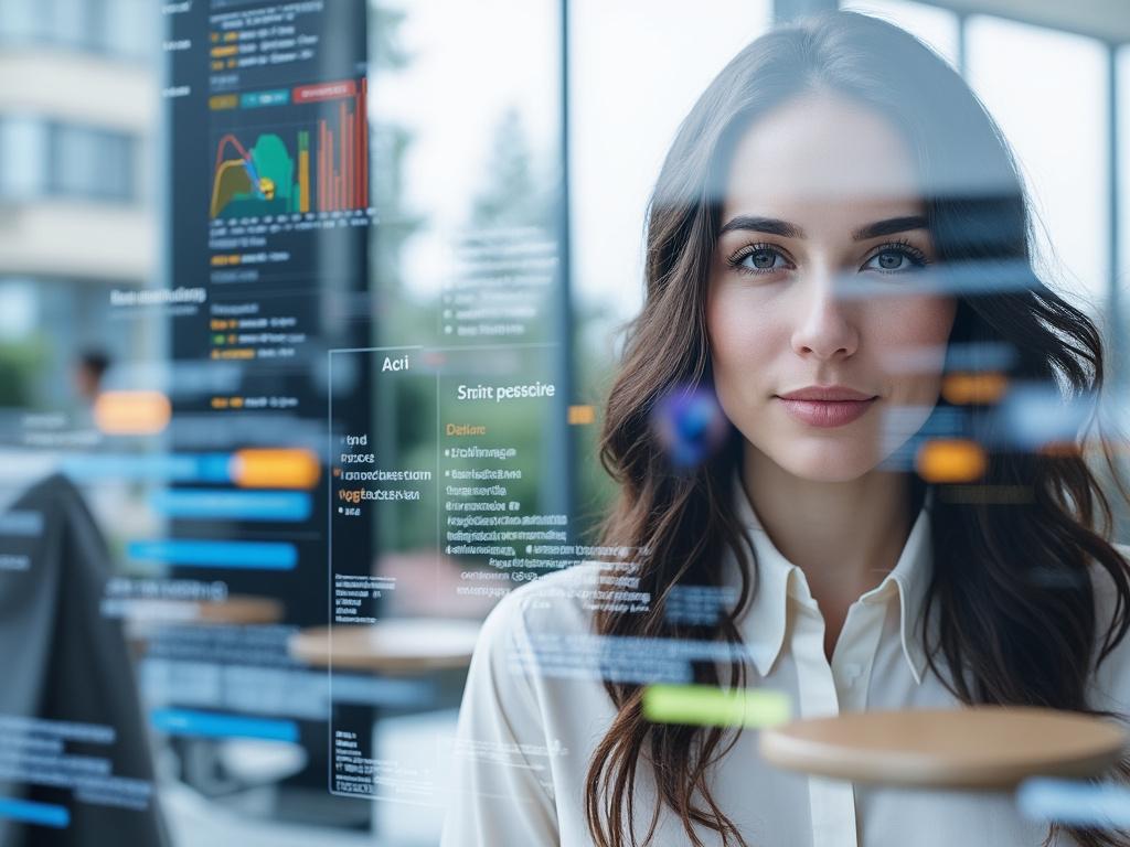 Businesswoman analyzing data on transparent digital interface in modern office.