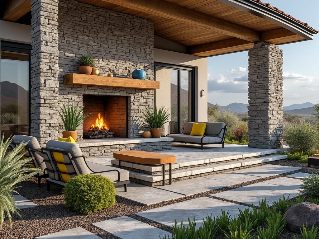 Modern outdoor patio with stone fireplace, comfortable seating, and mountain views.