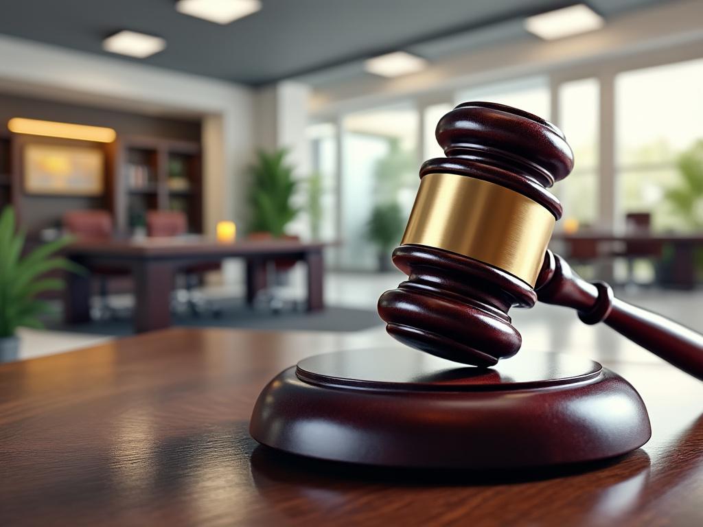 Mazo de juez sobre una mesa de madera en una oficina moderna con muebles y plantas.