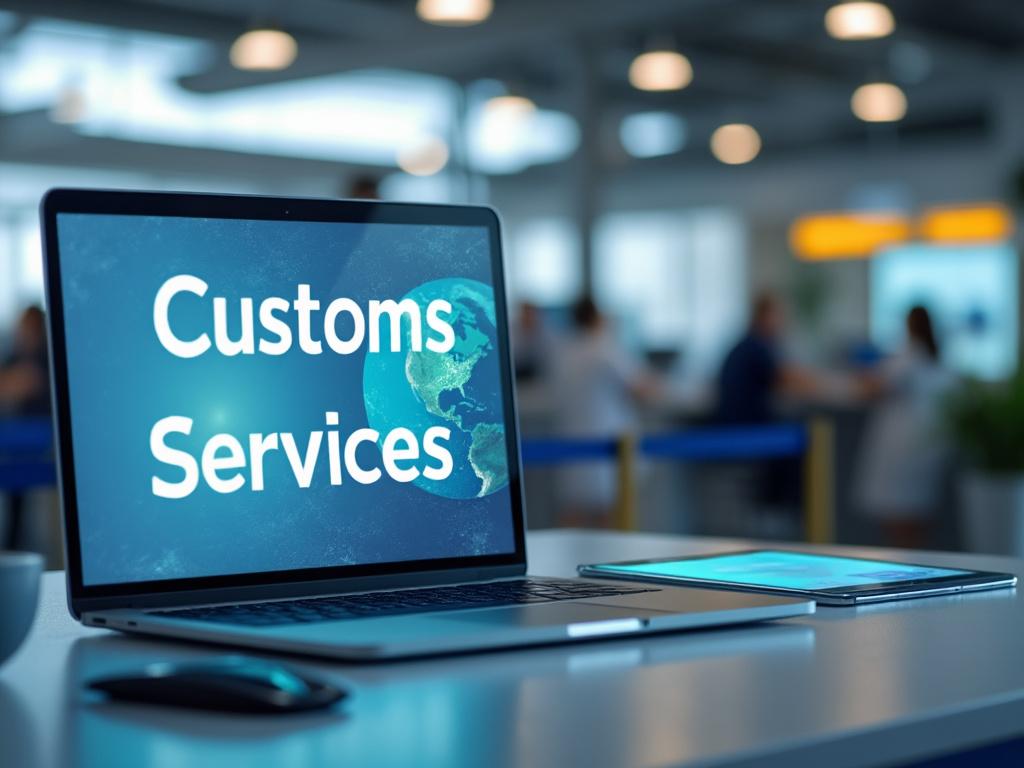 Portátil en una oficina con pantalla mostrando 'Customs Services' junto a una tableta, personas trabajando al fondo.
