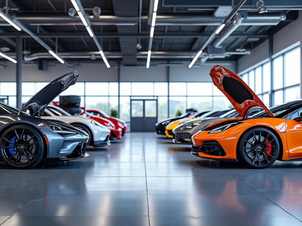 Luxury sports cars with open hoods displayed in a modern showroom.