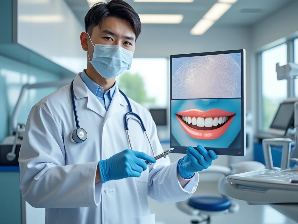Dentista sonriendo en clínica dental con radiografía de dientes, usando bata y mascarilla.