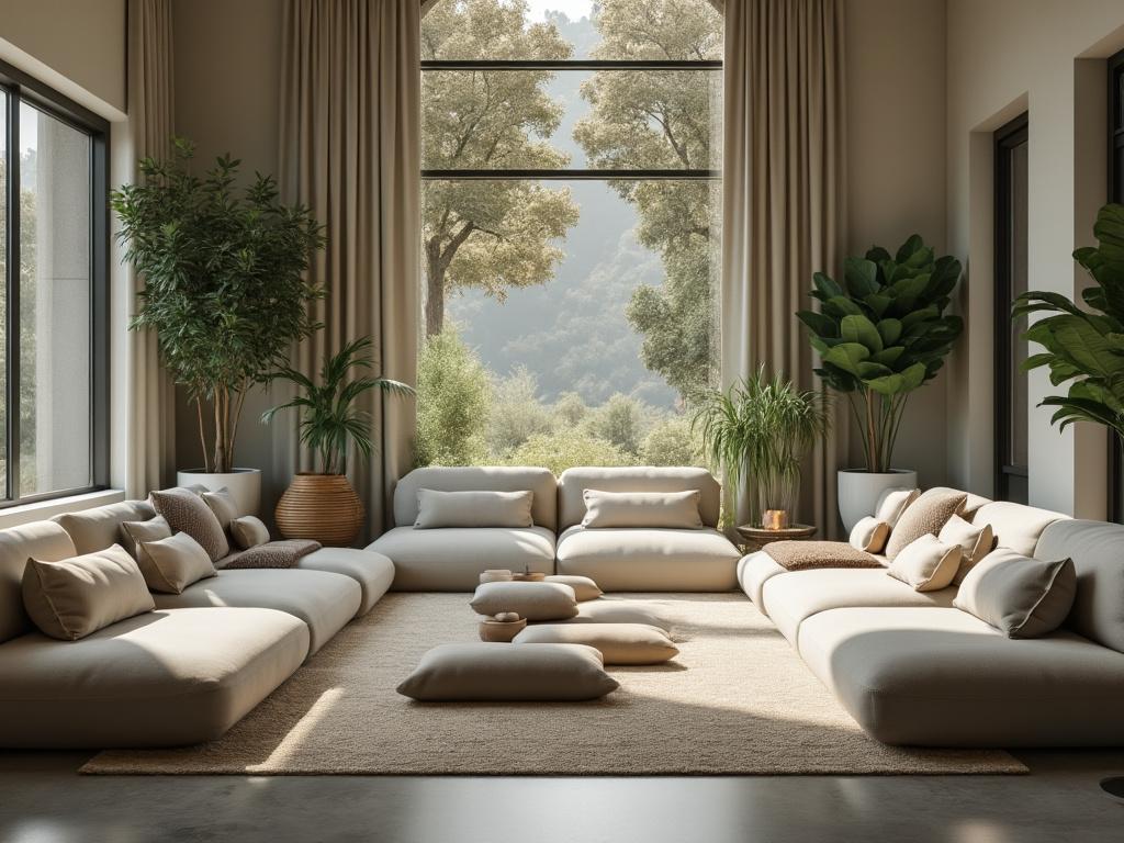 Sala de estar moderna con sofás beige, cojines, grandes ventanales y plantas en macetas.