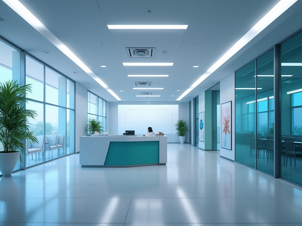 Recepción moderna de oficina con mostrador blanco y azul, paredes de vidrio, plantas grandes y sillas en la sala de espera. Recepción moderna de oficina con mostrador blanco y azul, paredes de vidrio, plantas grandes y sillas en la sala de espera.