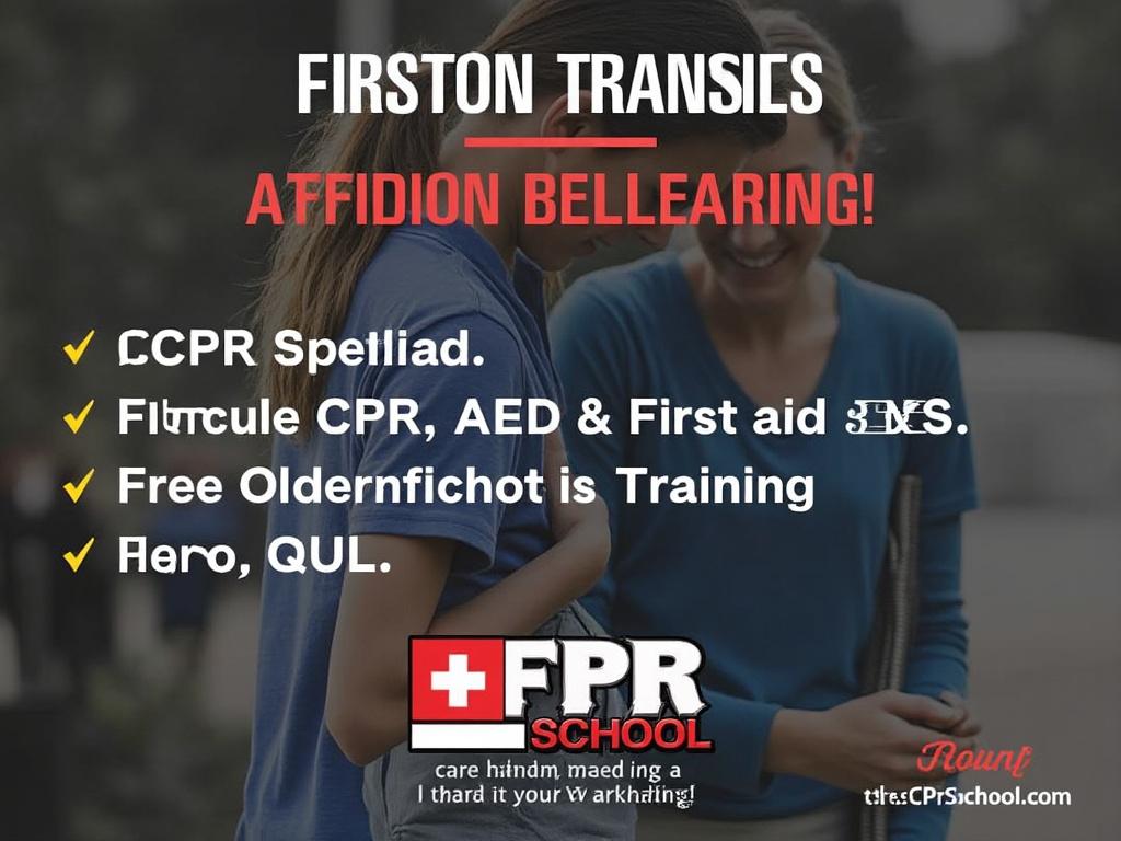 Image of a CPR training ad with text offering courses and certification, featuring a logo with a medical cross and two people in the background.