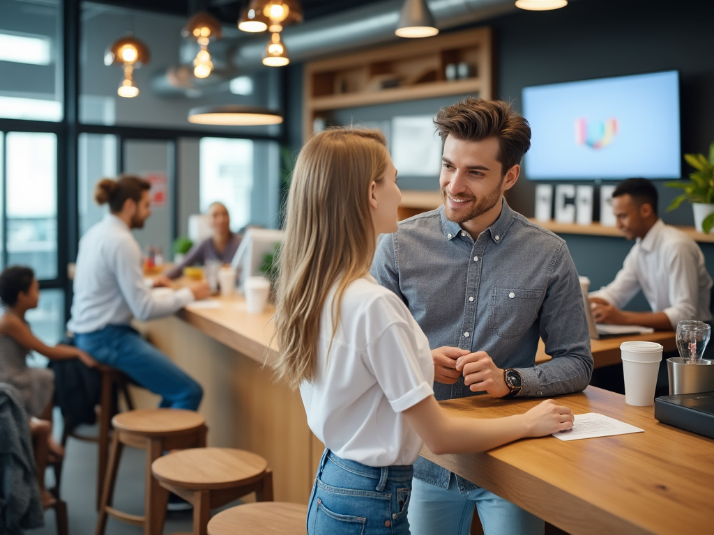 Personas conversando y sonriendo en una moderna cafetería con mesas de madera y luz ambiental. Personas conversando y sonriendo en una moderna cafetería con mesas de madera y luz ambiental.