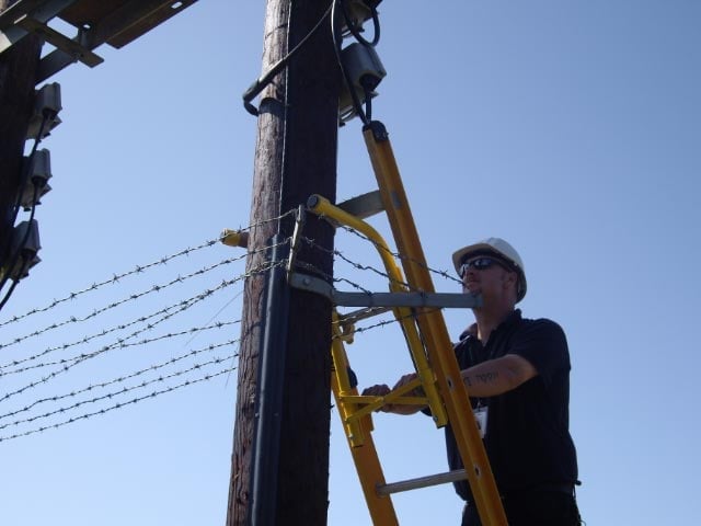 Utility worker on ladder installing barbed wire on telephone pole under clear sky.
