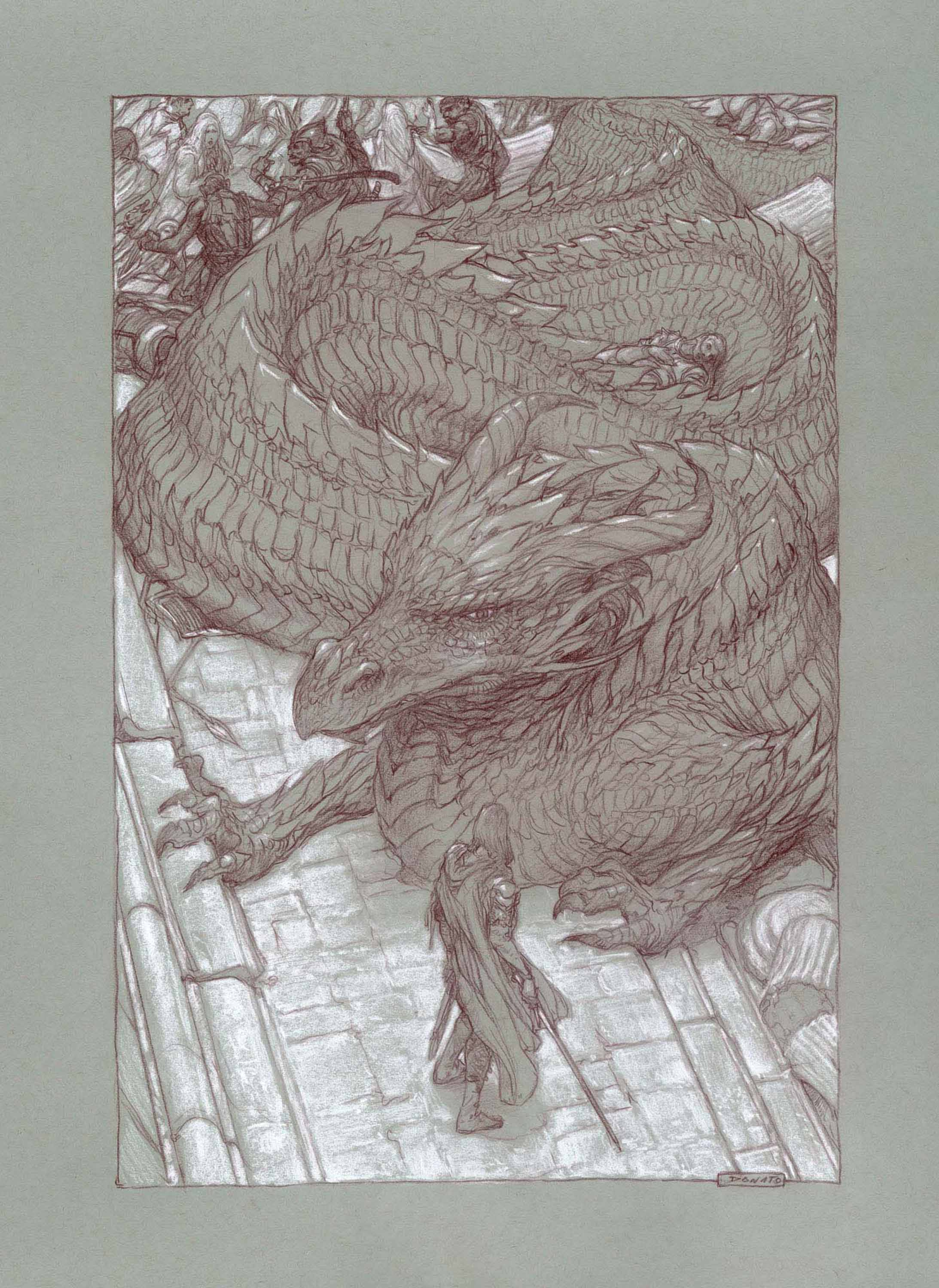 Turin and Glaurung at the Gates of Nargothrond
24" x18"  Watercolor Pencil and Chalk on Toned paper 2016
collection of Chris Redlich