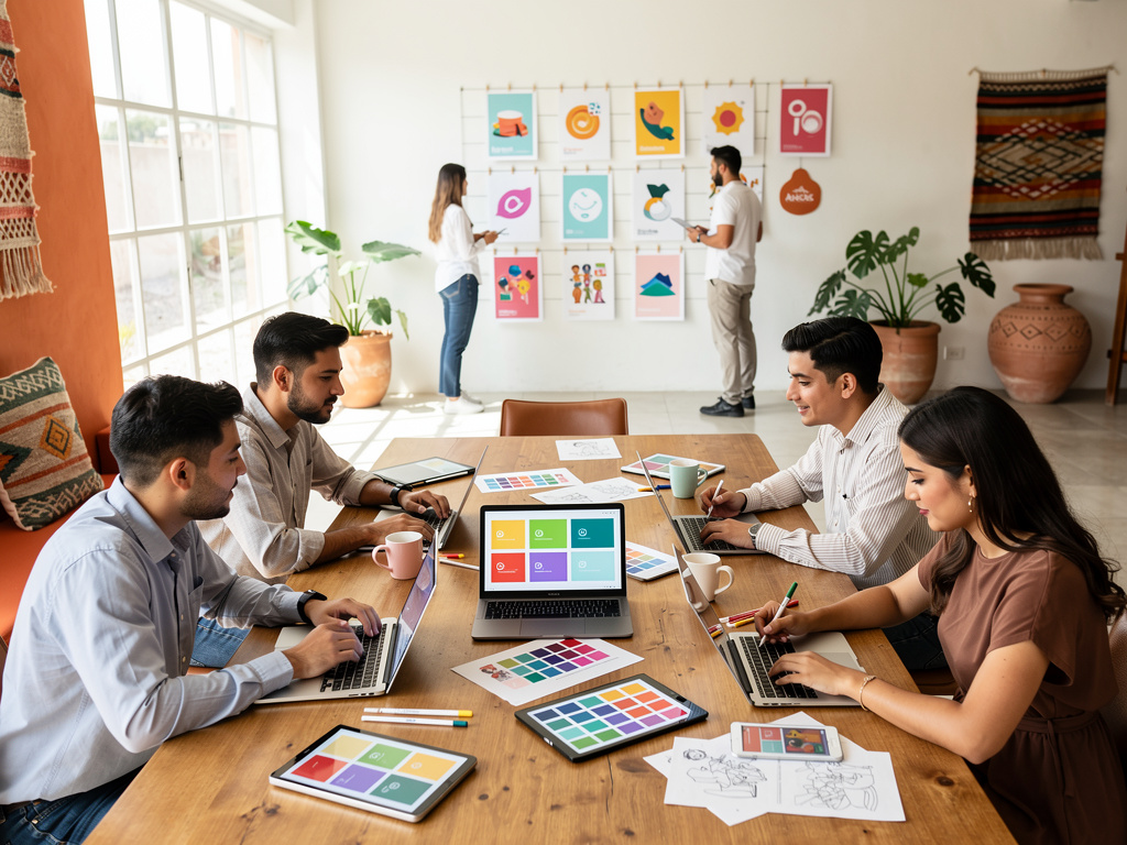 Equipo creativo trabajando en diseño gráfico y branding en una oficina moderna con laptops, paletas de colores y pósters
