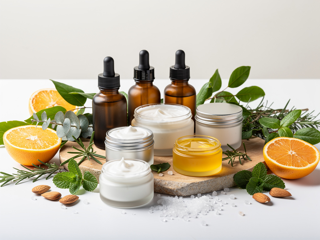 Productos cosméticos naturales con cremas, aceites esenciales, cítricos, hierbas aromáticas y sales sobre fondo claro Productos cosméticos naturales con cremas, aceites esenciales, cítricos, hierbas aromáticas y sales sobre fondo claro