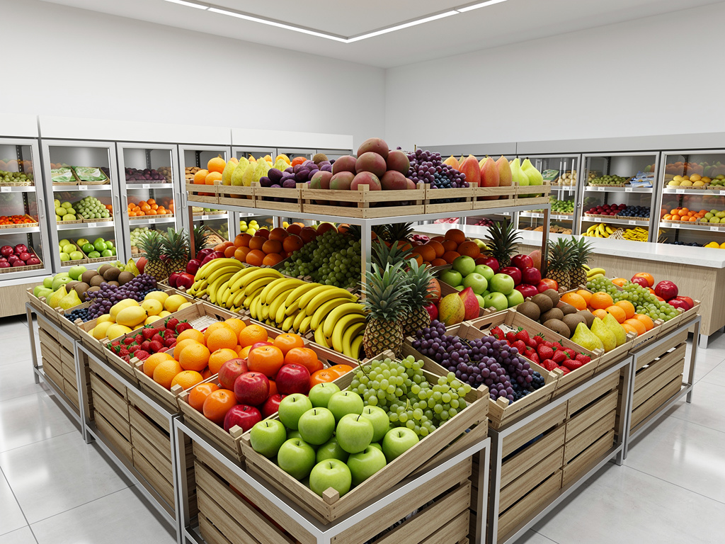 Exhibición de frutas frescas y coloridas en supermercado con manzanas, plátanos, uvas, piñas y cítricos