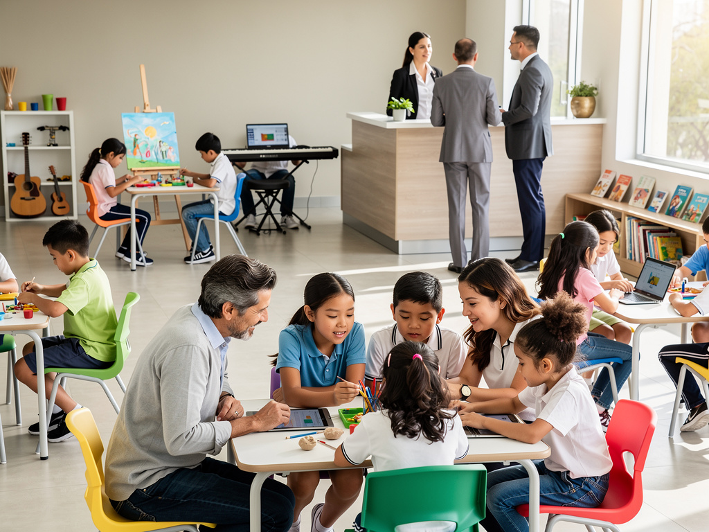 Aula moderna con niños aprendiendo en grupo, maestros guiando actividades, área de arte, música y recepción escolar