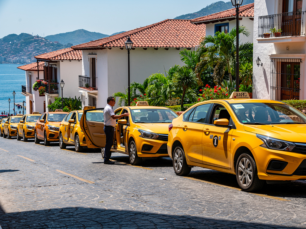 Fila de taxis amarillos en calle empedrada junto a casas coloniales, palmeras y vista al mar en ciudad costera