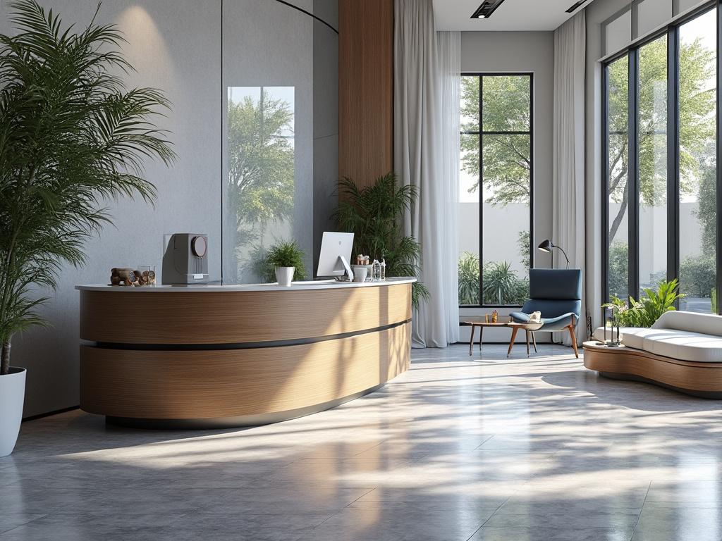 Recepción moderna con mostrador de madera curvo, plantas decorativas y grandes ventanas que iluminan el espacio.