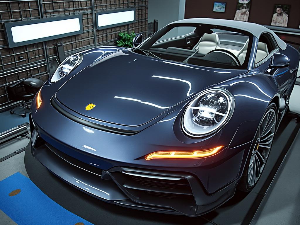Sleek dark blue sports car with illuminated headlights and modern design in a showroom setting.