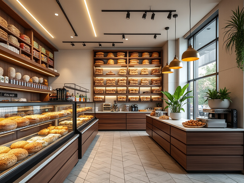 Interior de una panadería moderna con estantes llenos de panes variados y vitrinas con pasteles frescos; decoración con plantas y luces colgantes.
