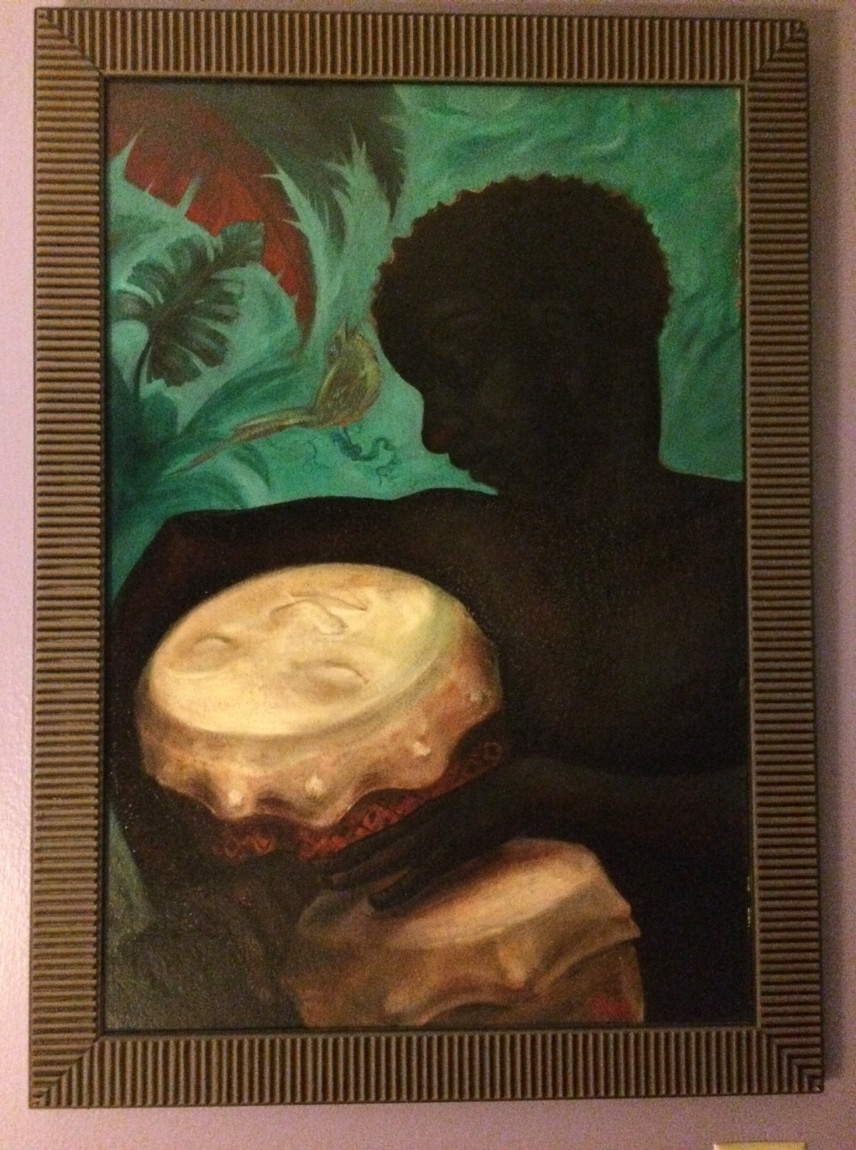 Clearly inspired by Duke Ellington's, "A Drum is a Woman." Girard painted a number of images based on this piece. According to the current owner, the figure of "Carribee Joe" is nearly a silhouette. However, facial features are clearly discernable, though in very low contrast. Currently held in a private collection in Florida. Purchased from Fiorini Gallery & Frame, St. Petersburg, FL.,  circa 2005.