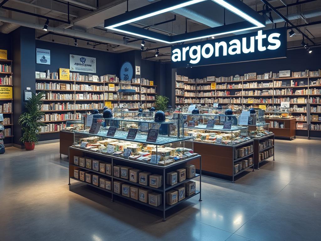 Tienda de libros y quesos artesanales con exhibiciones de productos y estanterías llenas de libros bajo el letrero luminoso 'argonauts'.