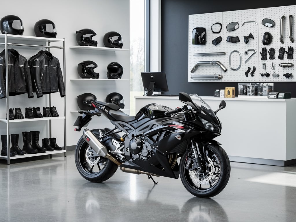 Motocicleta deportiva negra en tienda de accesorios con cascos, chaquetas, botas y piezas para moto