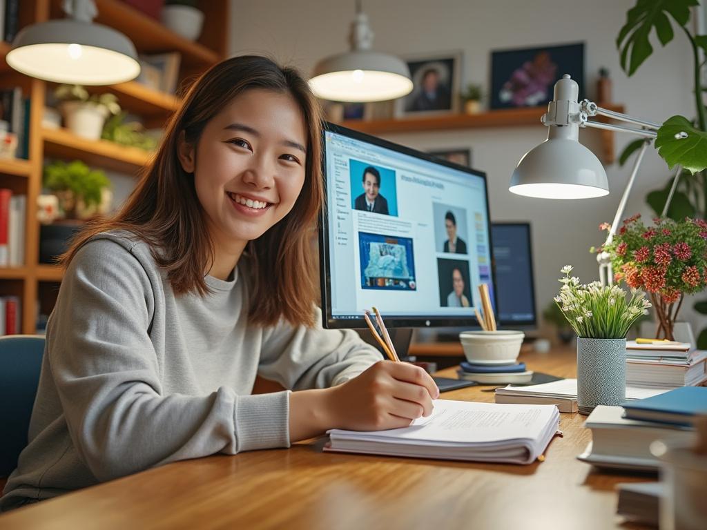 Joven sonriendo mientras estudia en un escritorio con una computadora, rodeada de plantas y libros, en una habitación bien iluminada.