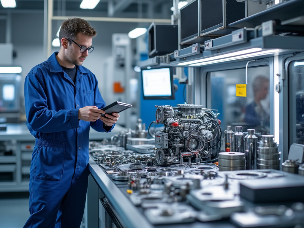 Ingeniero en taller revisando motor de automóvil sobre mesa llena de piezas mecánicas, usando tablet para control de calidad.