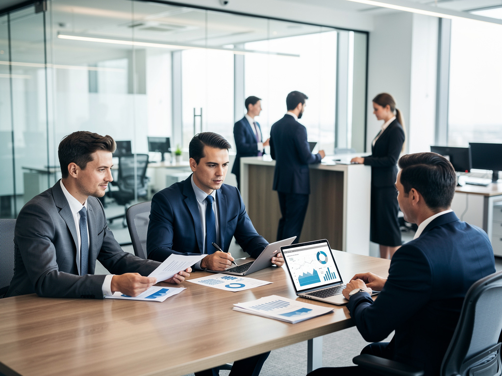Business professionals in a modern office meeting reviewing financial charts and reports on a laptop