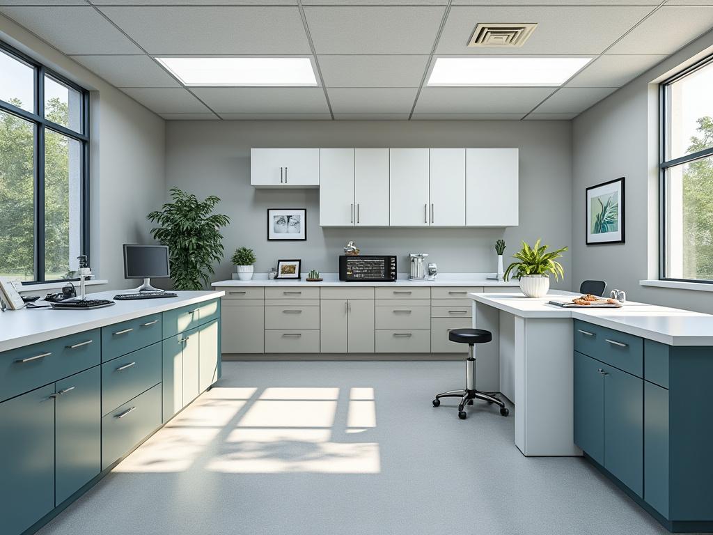 Modern laboratory interior with light grey and teal cabinets, a stool, computer, and decorative plants under bright ceiling lights and large windows.