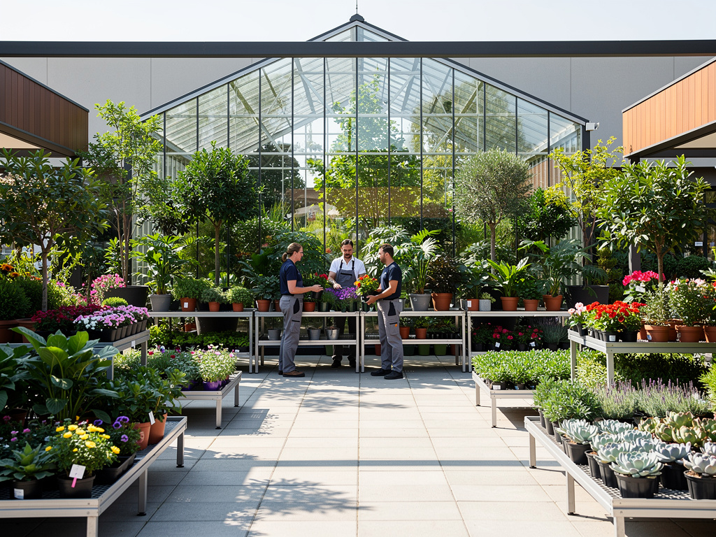 Vivero moderno con invernadero de cristal, plantas en maceta y jardineros atendiendo flores y suculentas