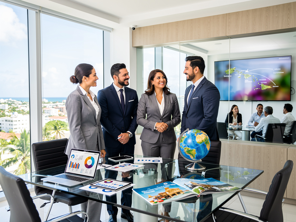 Equipo de negocios internacional reunido en sala de juntas moderna con gráficos, globo terráqueo y vista al mar Equipo de negocios internacional reunido en sala de juntas moderna con gráficos, globo terráqueo y vista al mar