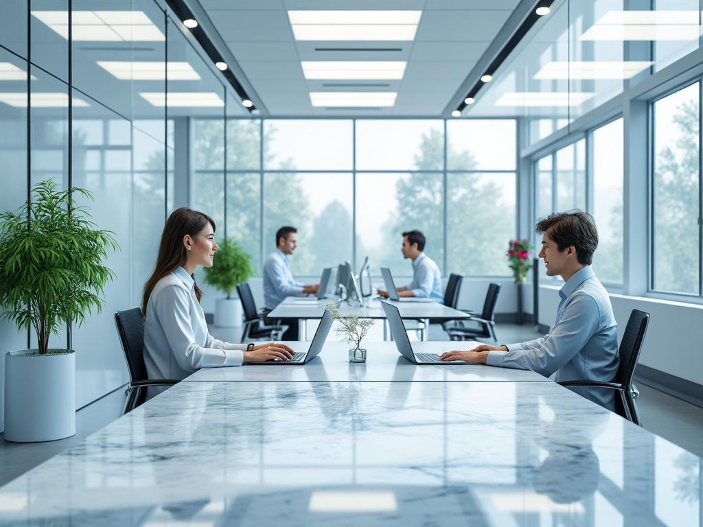 Oficina moderna con trabajadores en escritorios, plantas decorativas y grandes ventanales.
