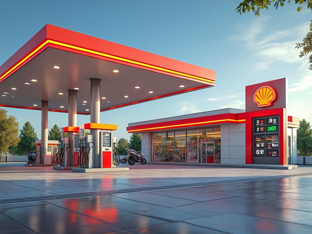 Estación de servicio moderna con techo rojo y surtidores de combustible, logo visible en un letrero.
