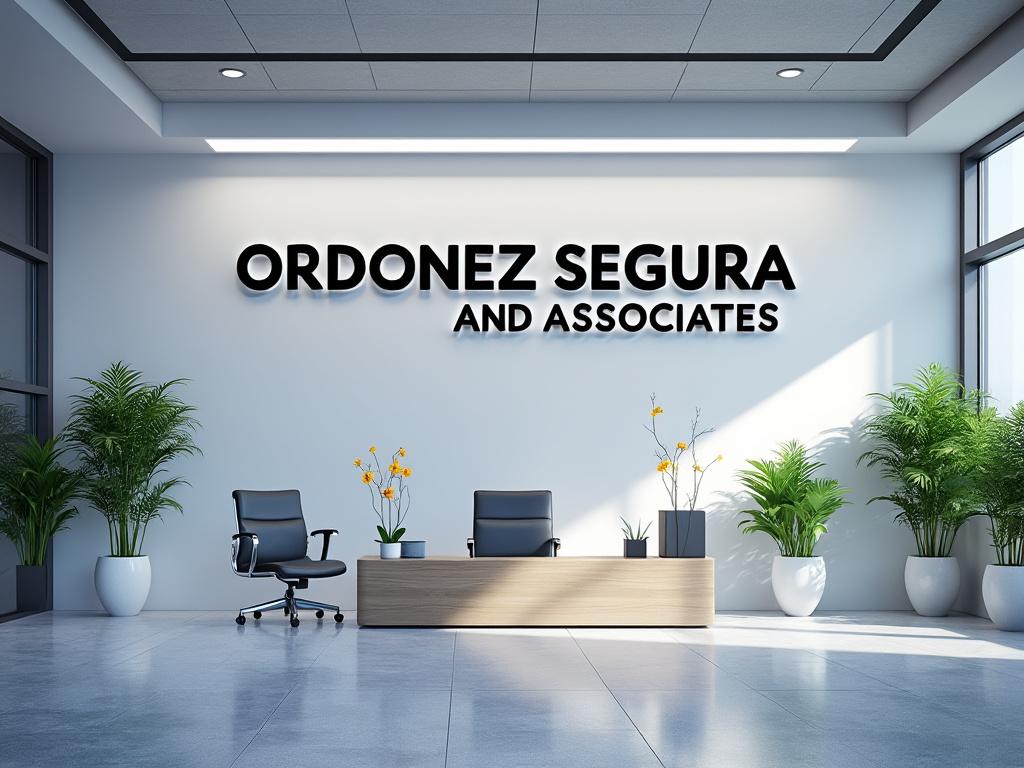 Recepción moderna con letrero de 'ORDONEZ SEGURA AND ASSOCIATES', plantas decorativas y muebles de oficina elegantes.