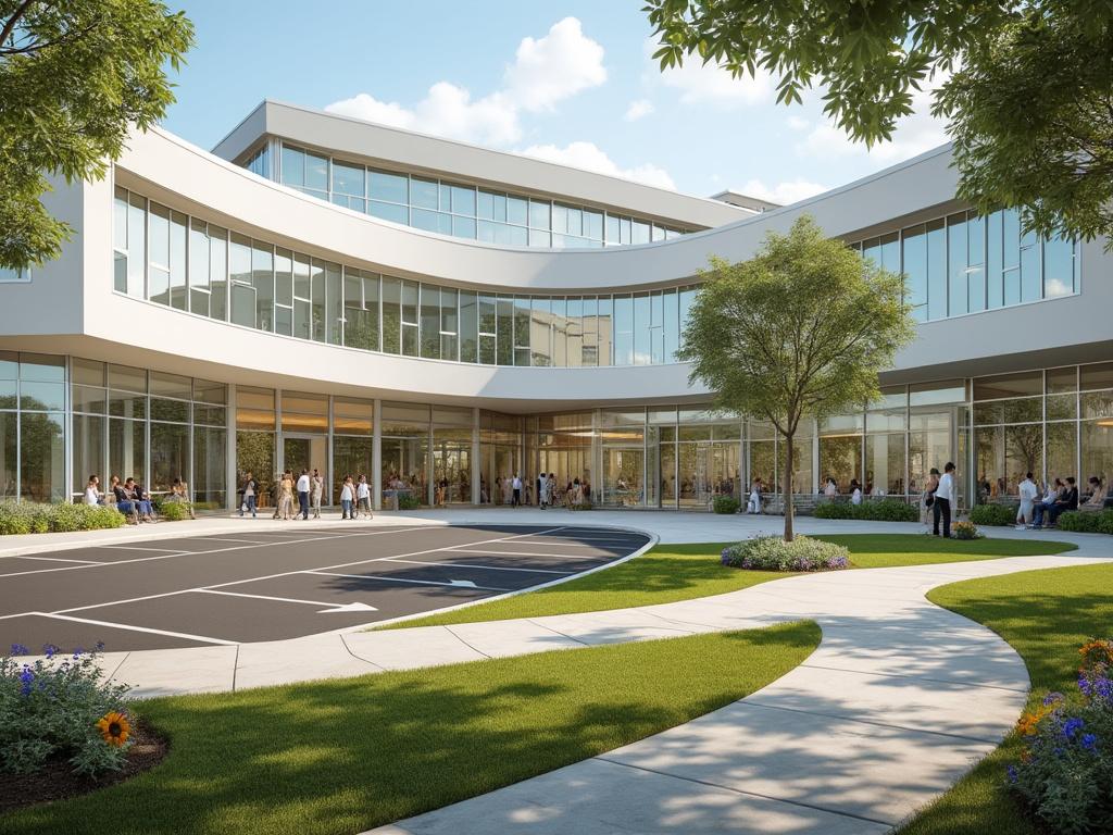 Moderno edificio de oficinas con fachada de vidrio curvo, rodeado de jardines bien cuidados y áreas de descanso, en un día soleado.