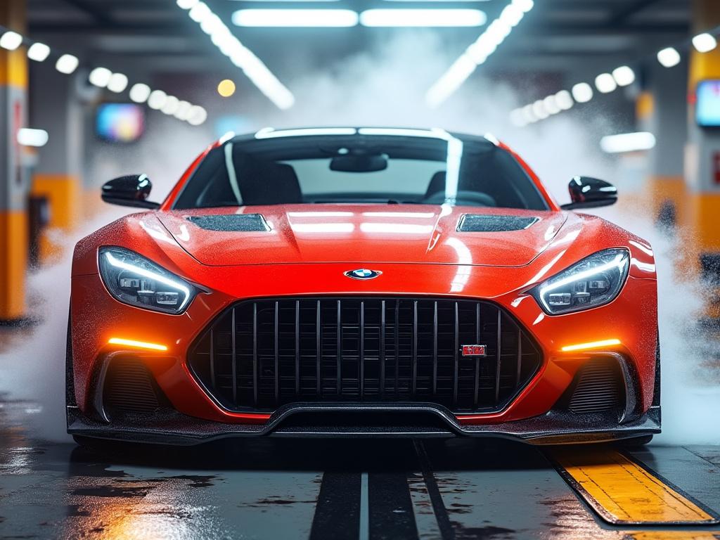Sleek red sports car with aggressive design, illuminated headlights, and prominent front grille in a futuristic garage setting.